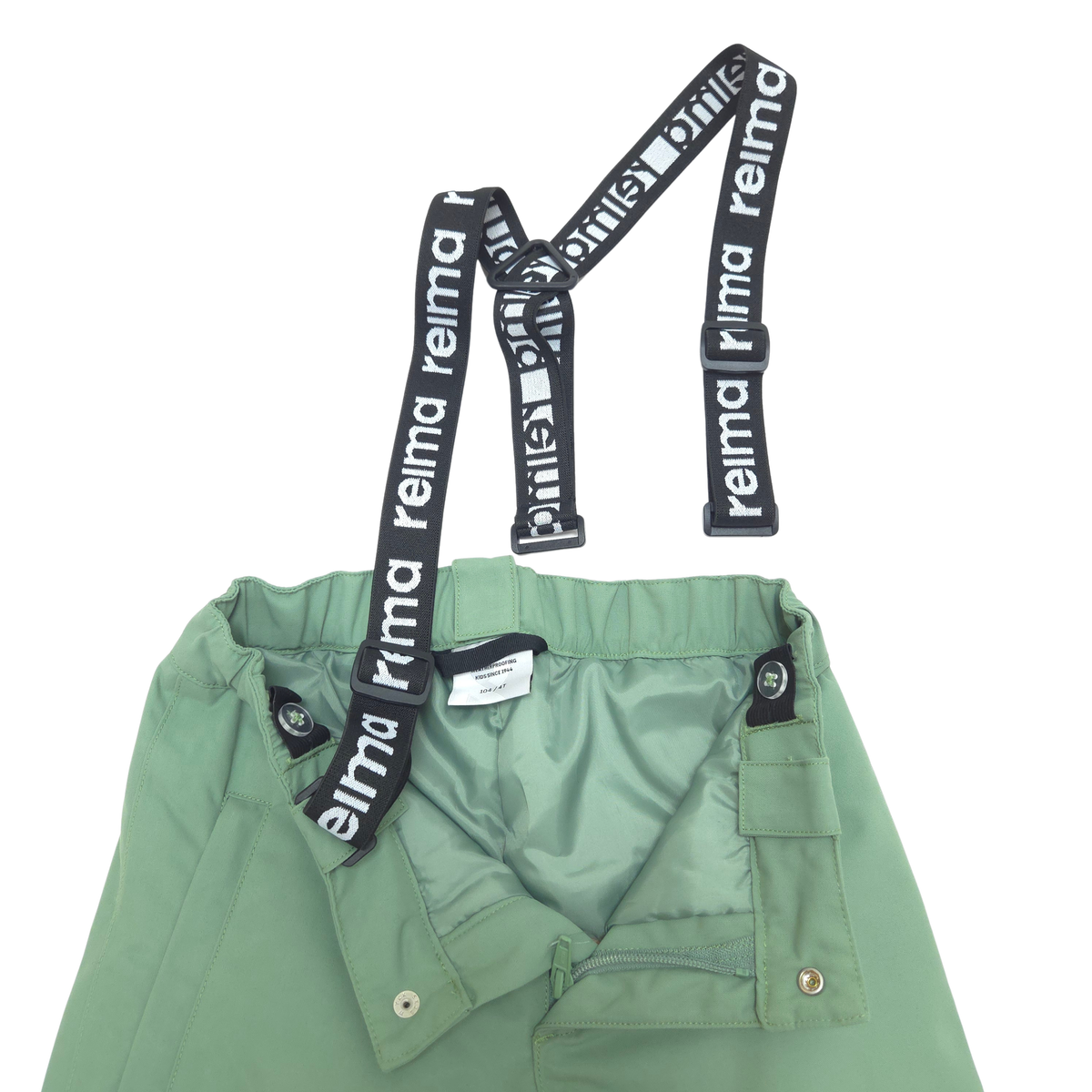 Green snow pants with black adjustable suspenders featuring white 'reima' branding, displayed on a clean white background.