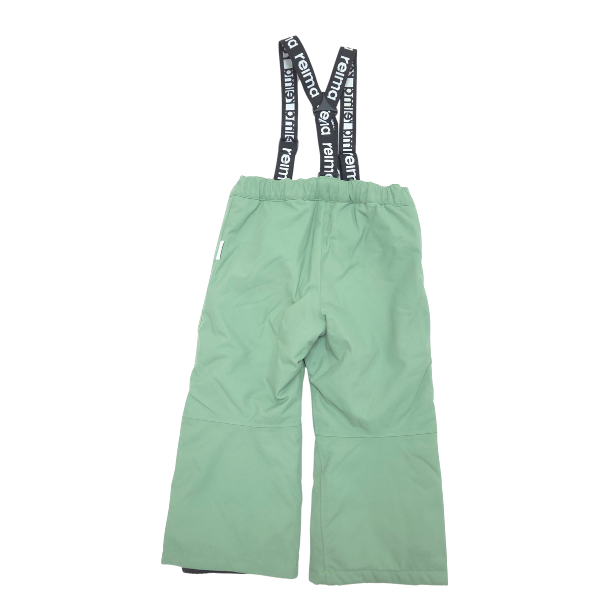 A pair of green children's snow pants with adjustable black suspenders featuring white text, shown flat on a white background.