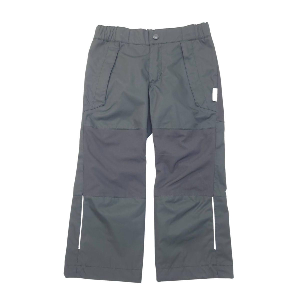 A pair of black outdoor pants with black reinforced knee panels and white reflective striping near the lower legs, shown flat on a white background.