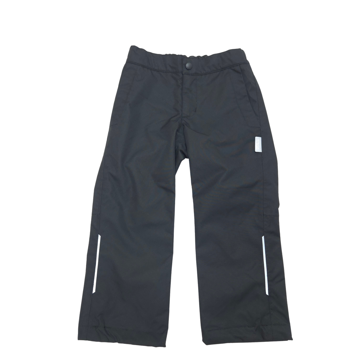 Black outdoor pants with reflective white striping on the lower legs, shown flat against a white background.