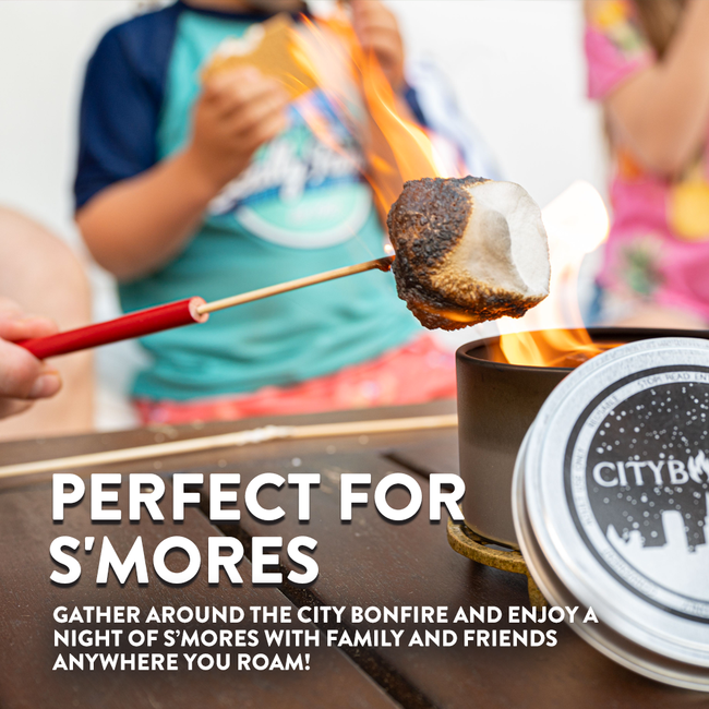 Person roasting a marshmallow over a City Bonfire product with text promoting s'mores.