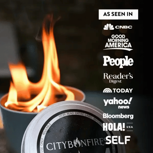 Fire pit with flames and 'Citybonfires' branding, featuring media outlets on a dark background.
