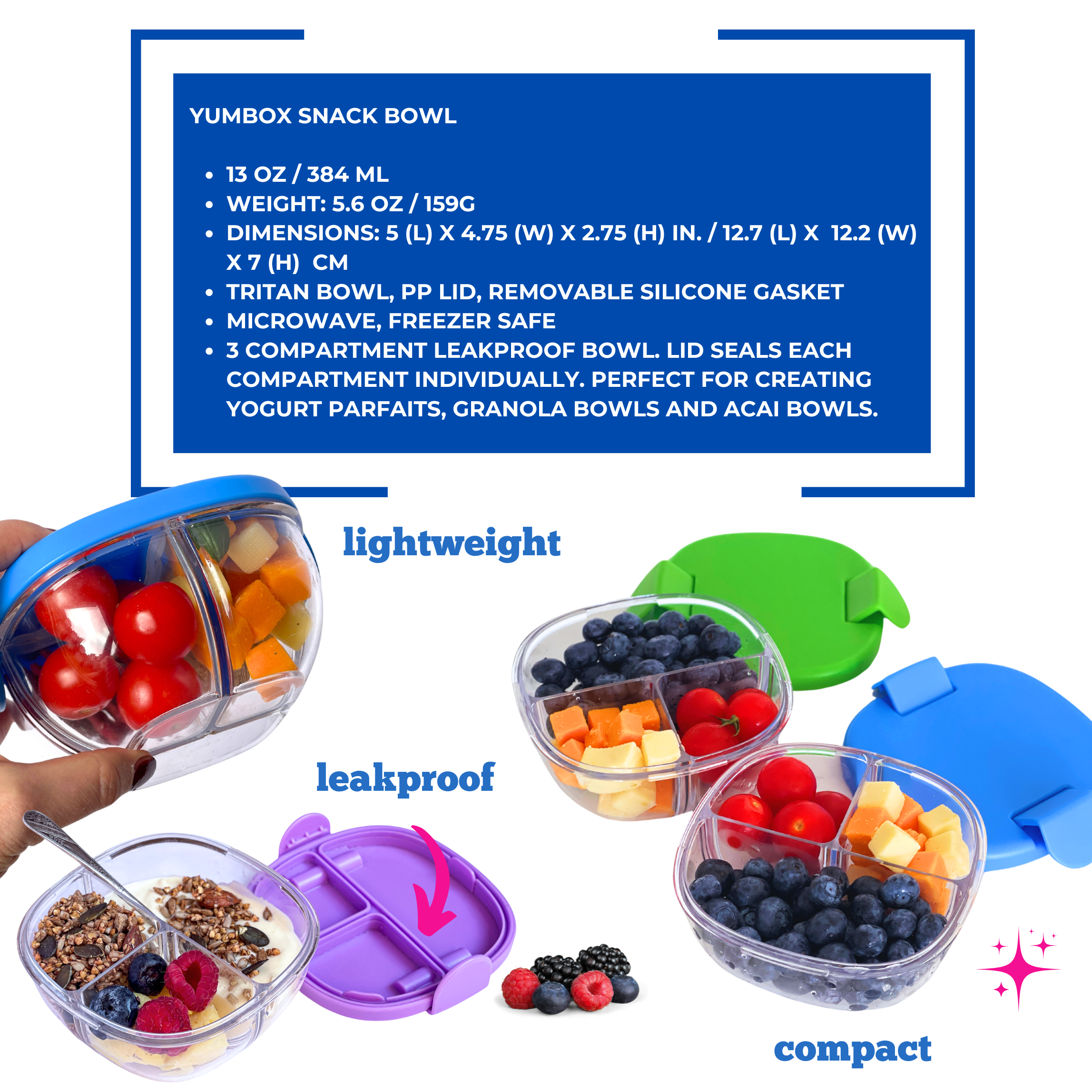 Leakproof Snack Bowl with 3 Compartment - Navy Blue
