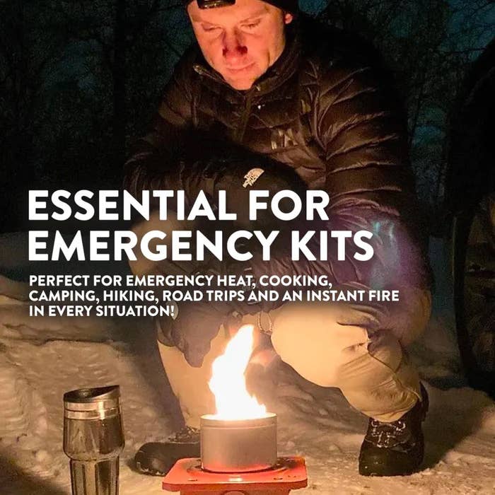 Person using a portable stove with text about emergency kits
