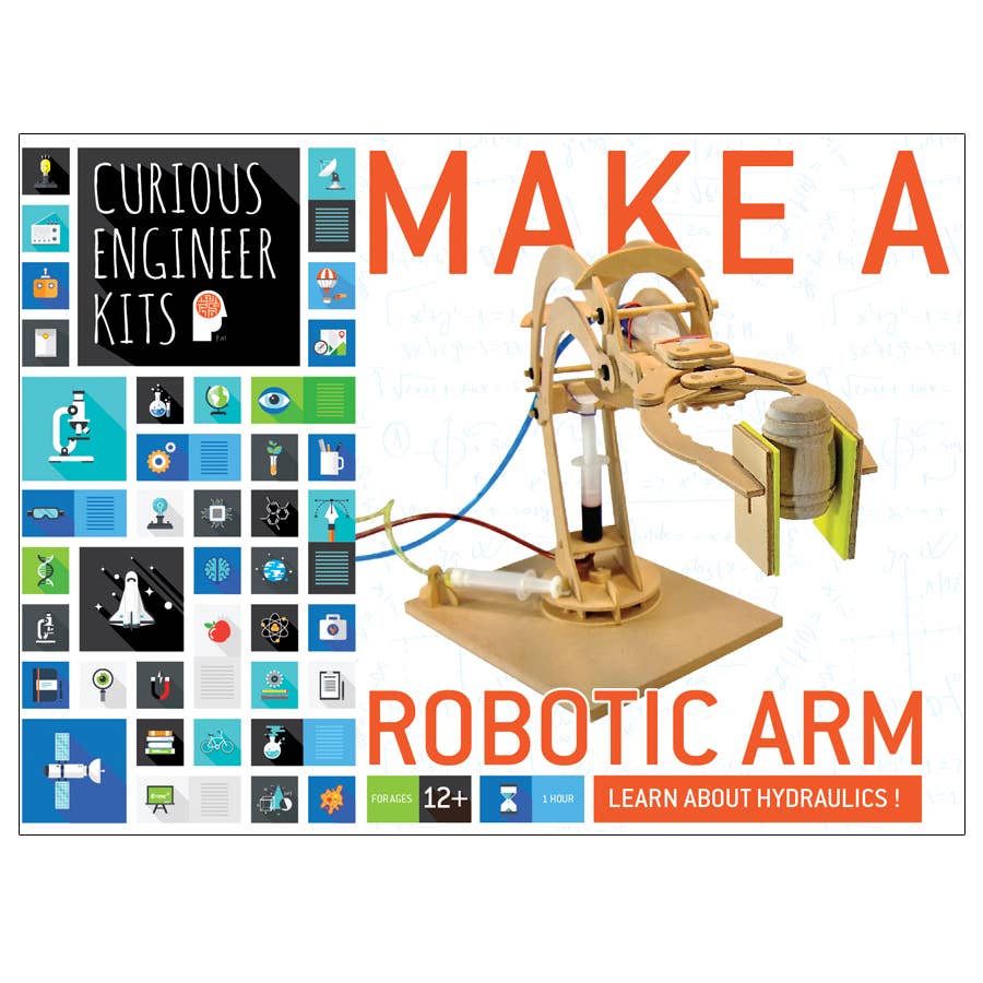 Kit packaging for making a robotic arm with Curious Engineer Kits branding.