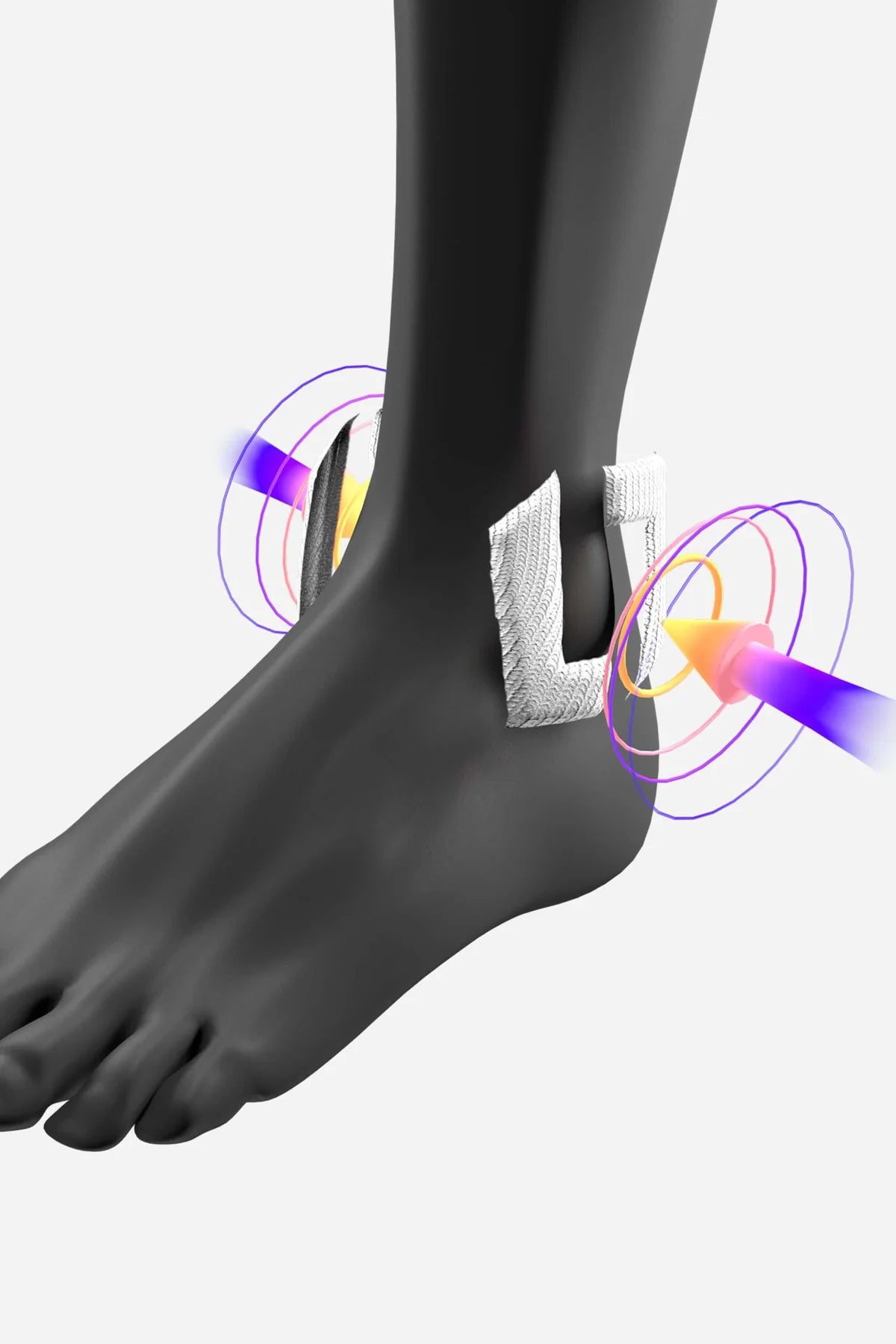 A black mannequin foot and lower leg shown against a light gray background, with a white adhesive patch applied to the ankle area and colorful circular and arrow graphics indicating use or effect around the ankle.