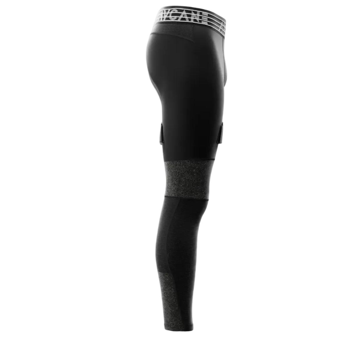Black full-length compression leggings with a textured gray mid-calf band and heel/sole panels, shown from the side on a light gray background.
