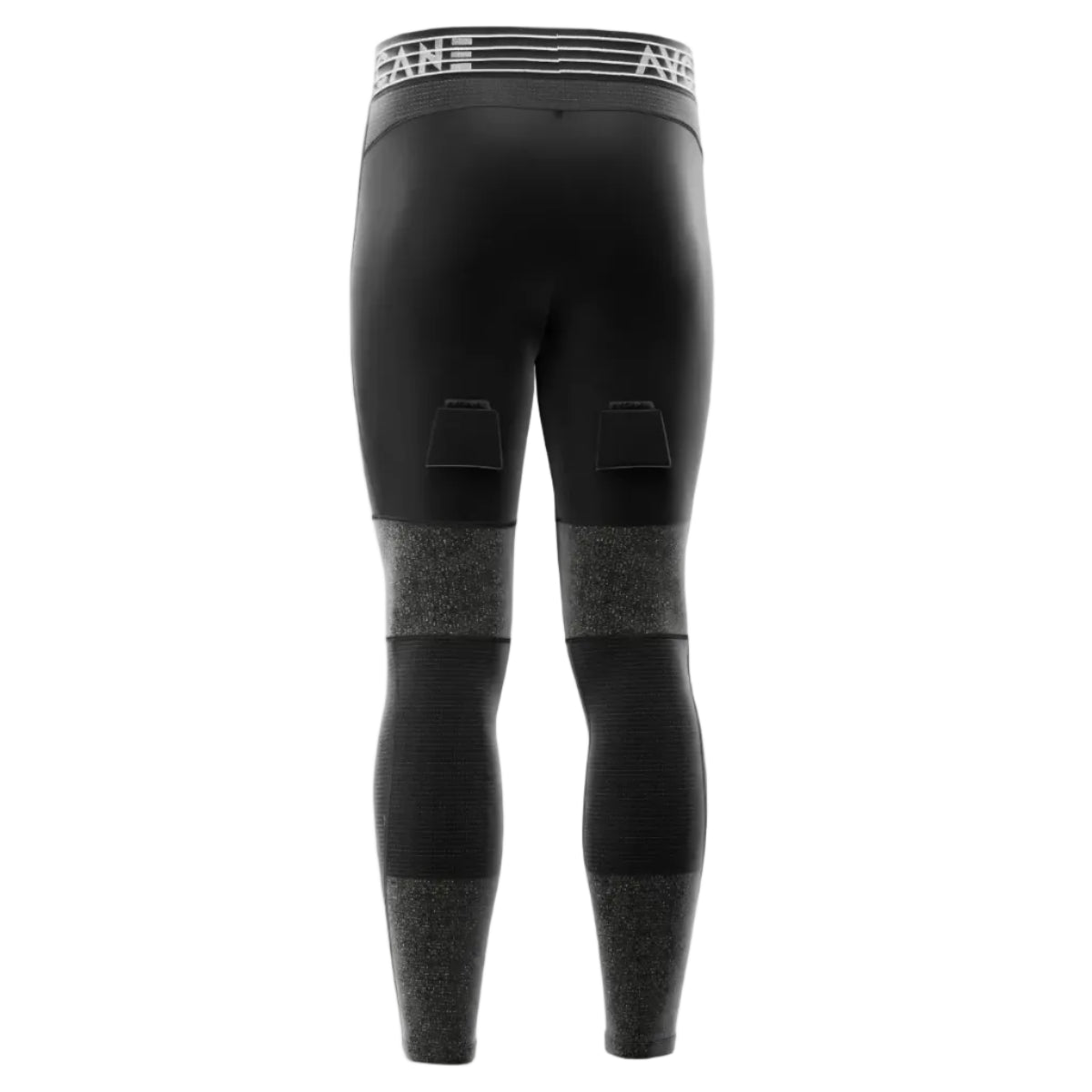 Black athletic leggings with gray textured knit panels at the thighs and lower calves.