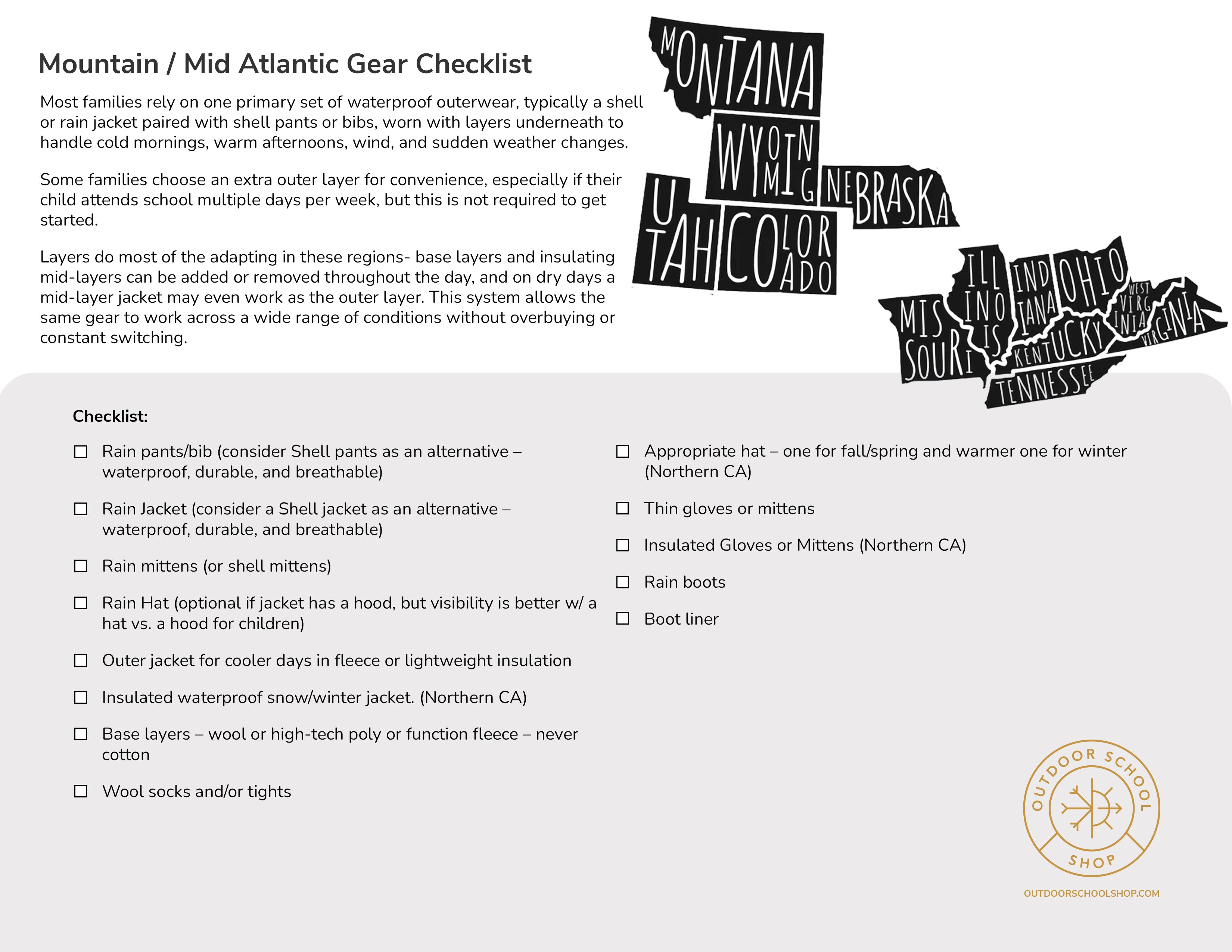 Free Mountain & Mid Atlantic Outdoor School What to Wear Guide – Kids Layering Checklist
