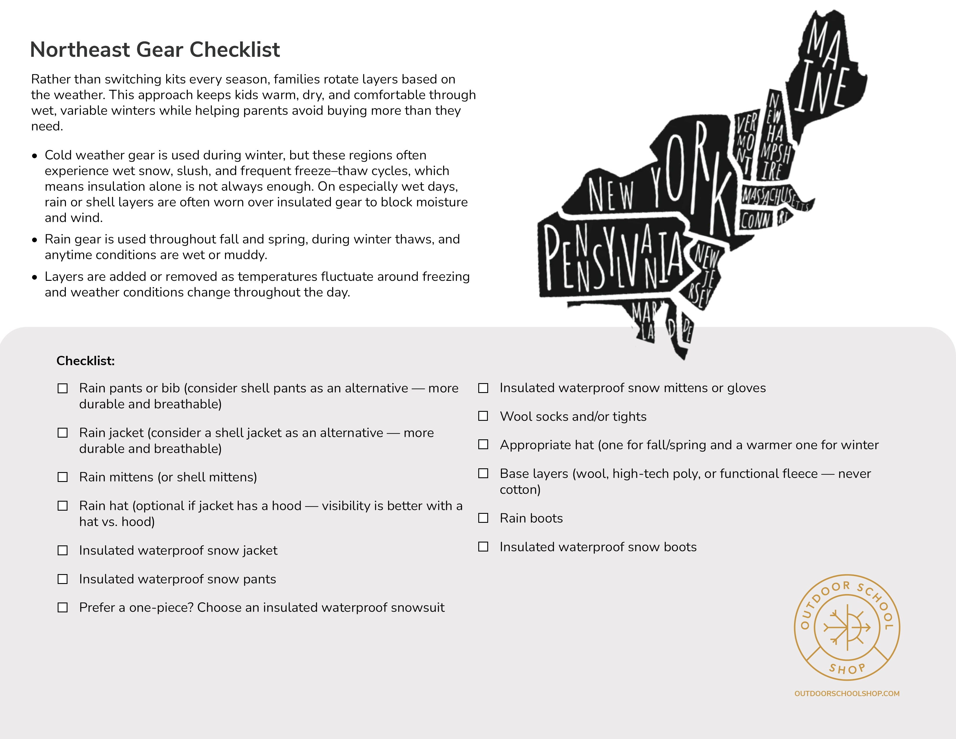 Free Northeast Outdoor School What to Wear Guide – Kids Wet Winter Layering Checklist