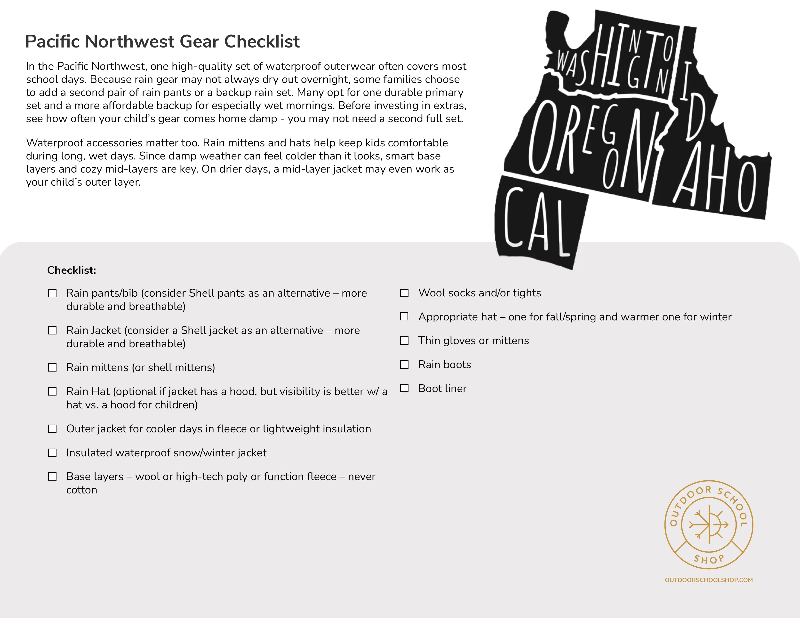 Free Pacific Northwest Outdoor School What to Wear Guide – Kids Rain & Layering Checklist