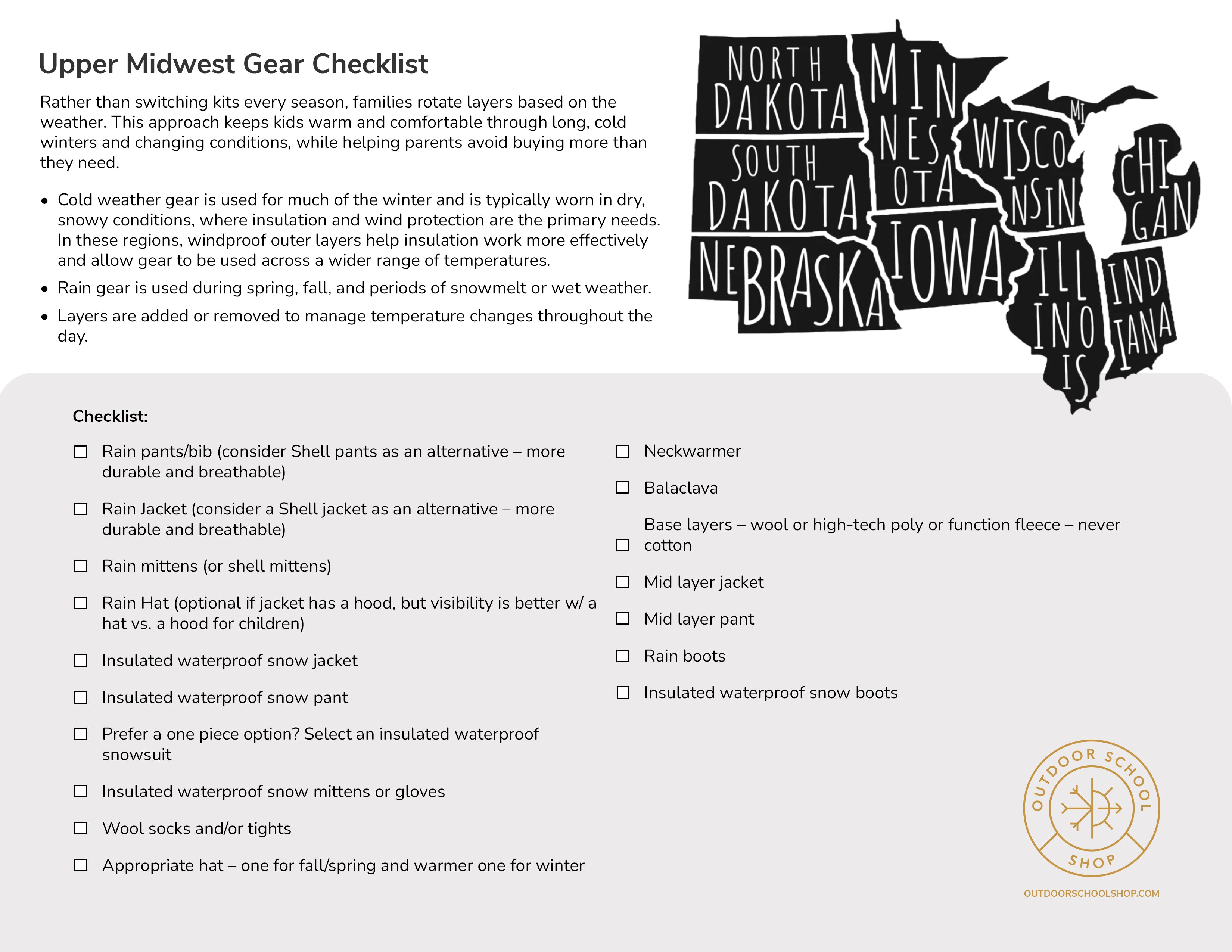 Free Upper Midwest Outdoor School What to Wear Guide – Kids Layering Checklist