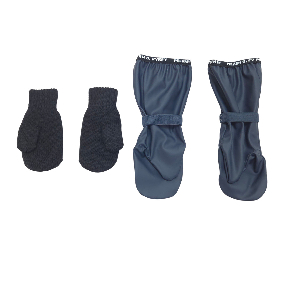The set includes one pair of black wool mittens, size 1-2Y, and one pair of navy rain mittens, size 1-2Y.