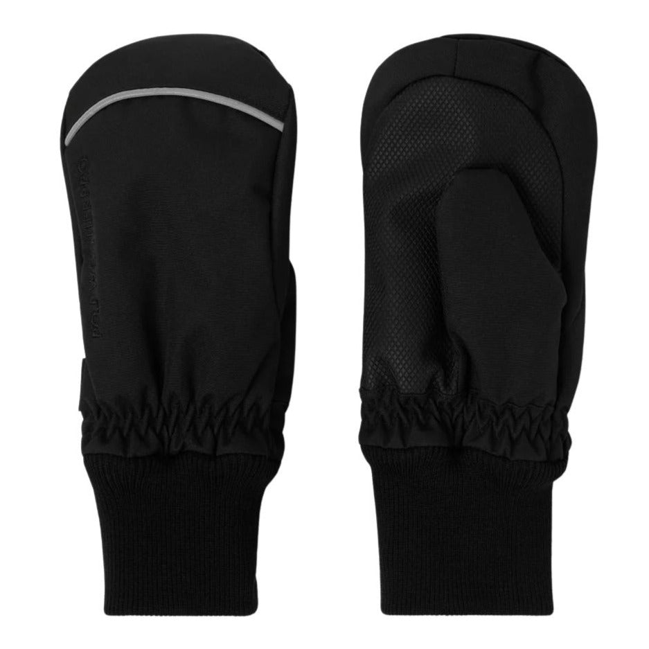 A pair of black winter gloves shown from both the back and palm sides against a plain white background.