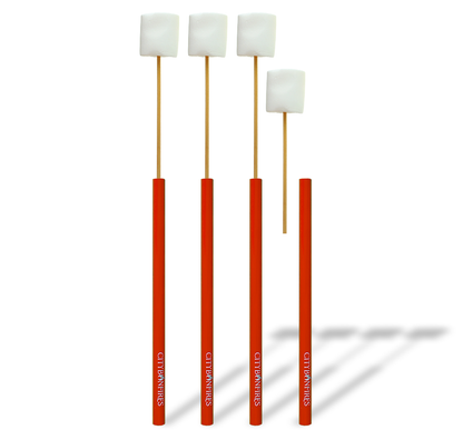 Four red marshmallow sticks with white marshmallows on a white background
