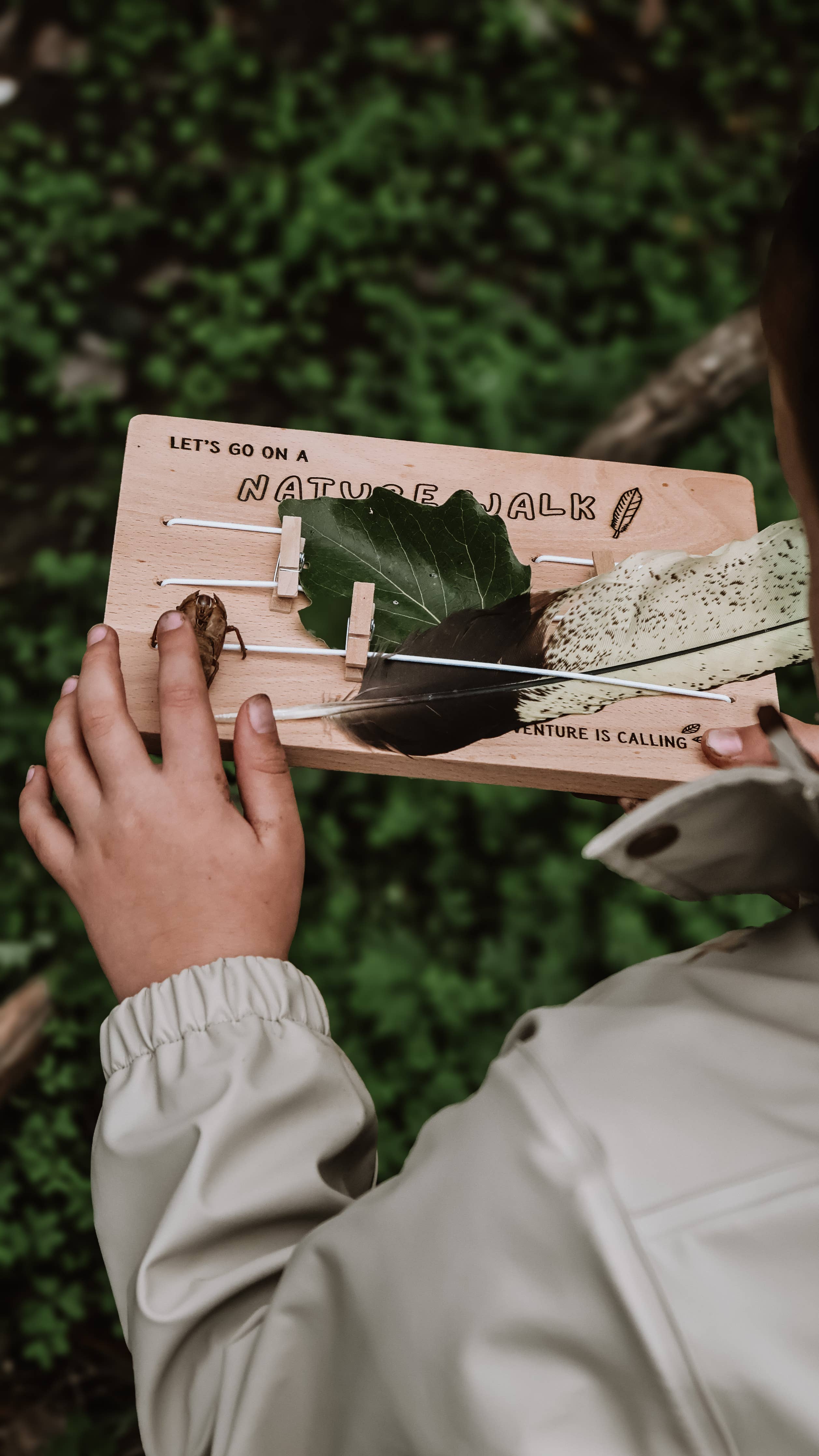 Person holding a wooden nature walk kit with leaves and feathers against a blurred green background