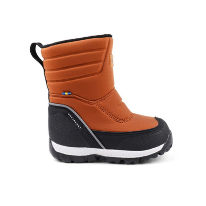 Pair of orange and black winter boots on a white background