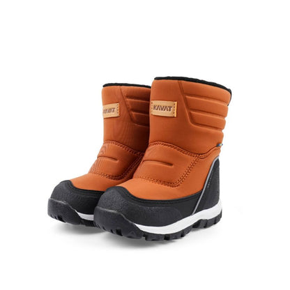 Pair of brown and black winter boots on a white background