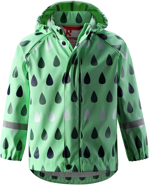 Kids Waterproof Vesi Printed Raindrop Rain Jacket - Unlined, PU | Reima #color_pale-green-print
