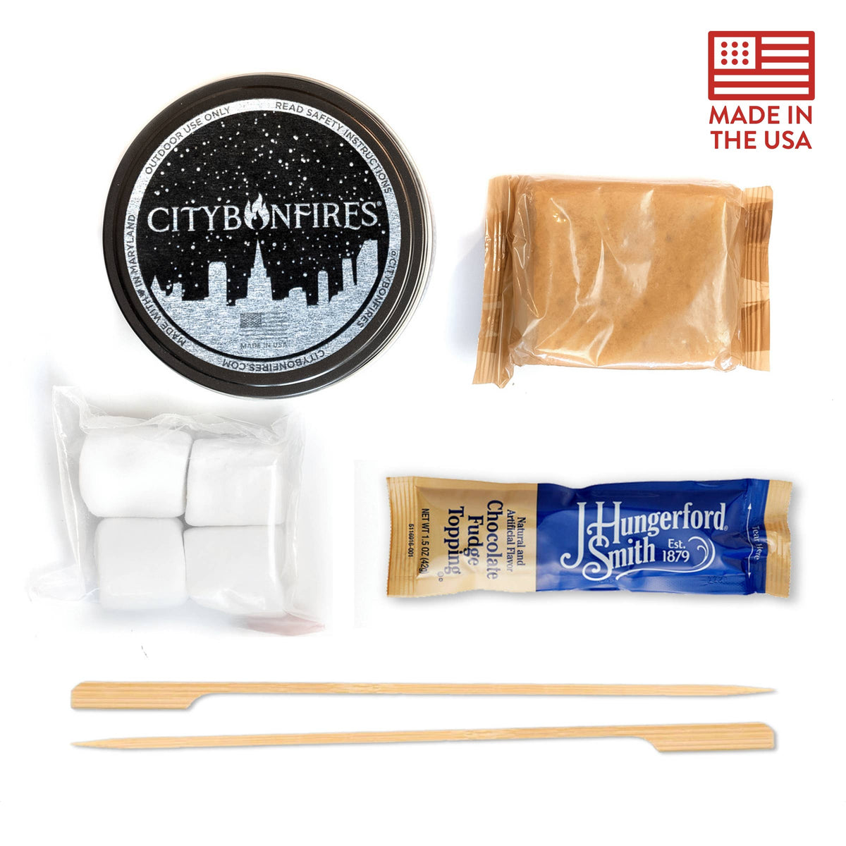 City Bonfires product with marshmallows, chocolate bars, and sticks on a white background.