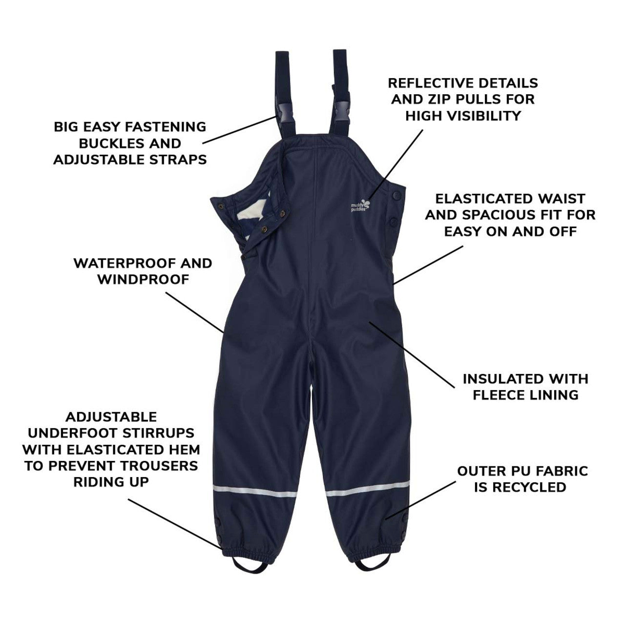 Kids Fleece Lined Puddleflex Rain Bibs - Waterproof, Warm, PU | Muddy Puddles 