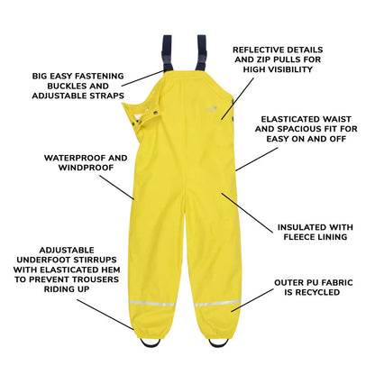 Kids Fleece Lined Puddleflex Rain Bibs - Waterproof, Warm, PU | Muddy Puddles 