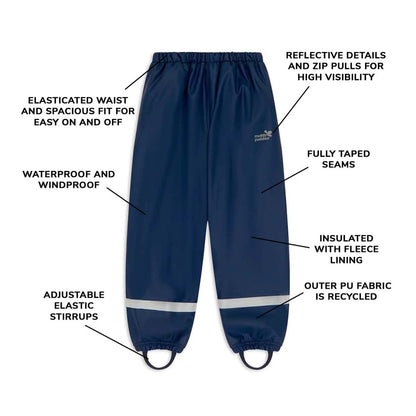 Kids Fleece Lined Puddleflex Rain Pants - Waterproof, Warm, PU | Muddy Puddles 
