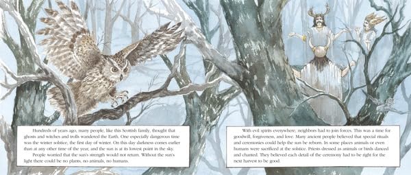 Illustration of an owl flying and a person in a tree with a deer, set in a forest.