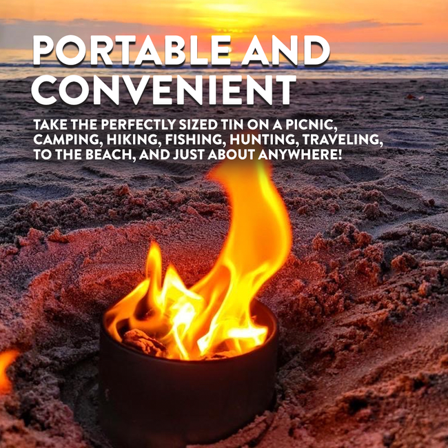 Fire pit on sand with text about portability and convenience