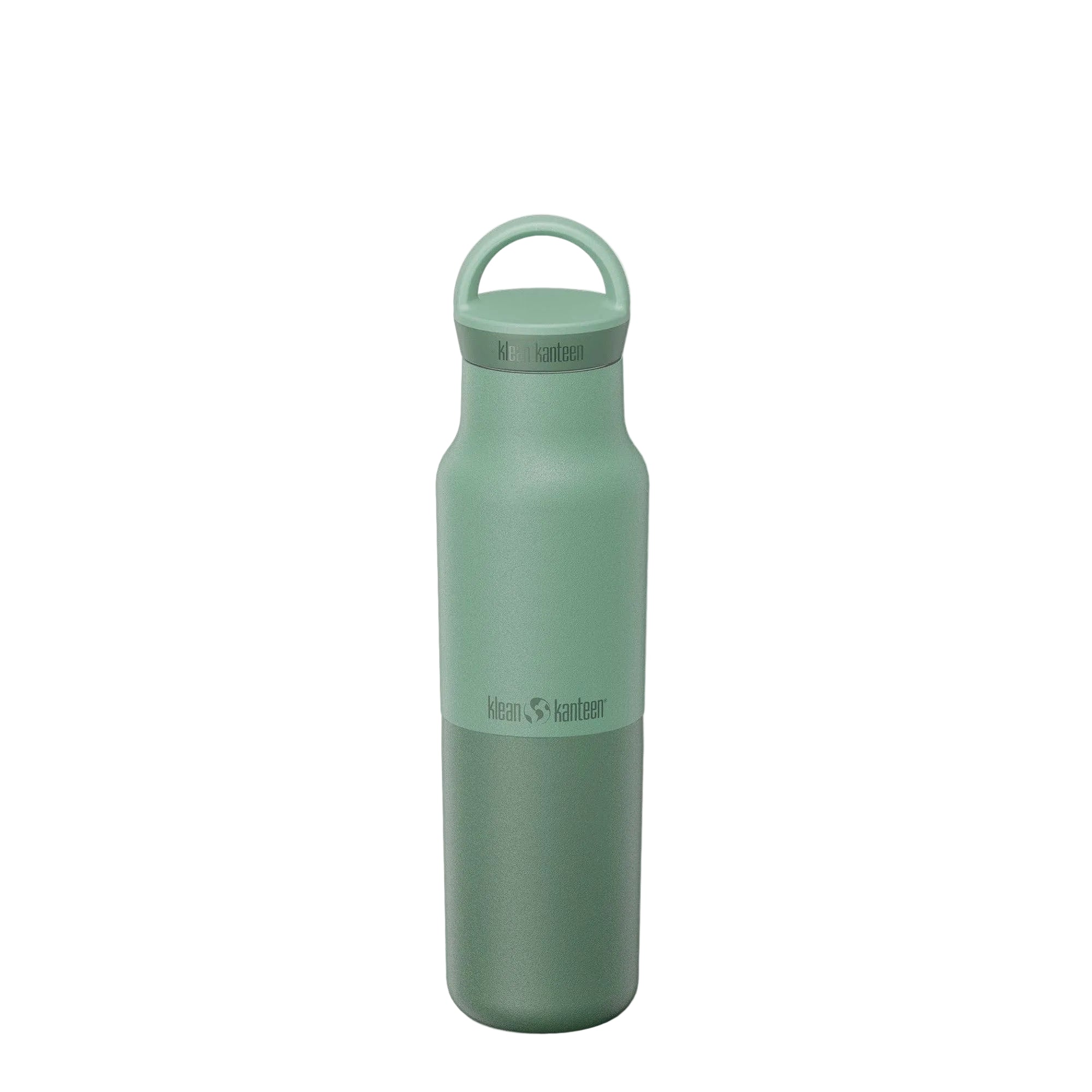 Green water bottle with a handle on a white background