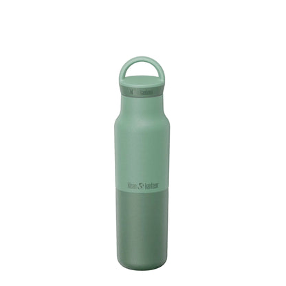 Green water bottle with a handle on a white background