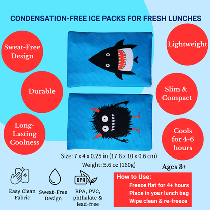 Lunch Box Gel Ice Packs 2-Pack – Yumbox No-Sweat – Monster & Shark Sleeves