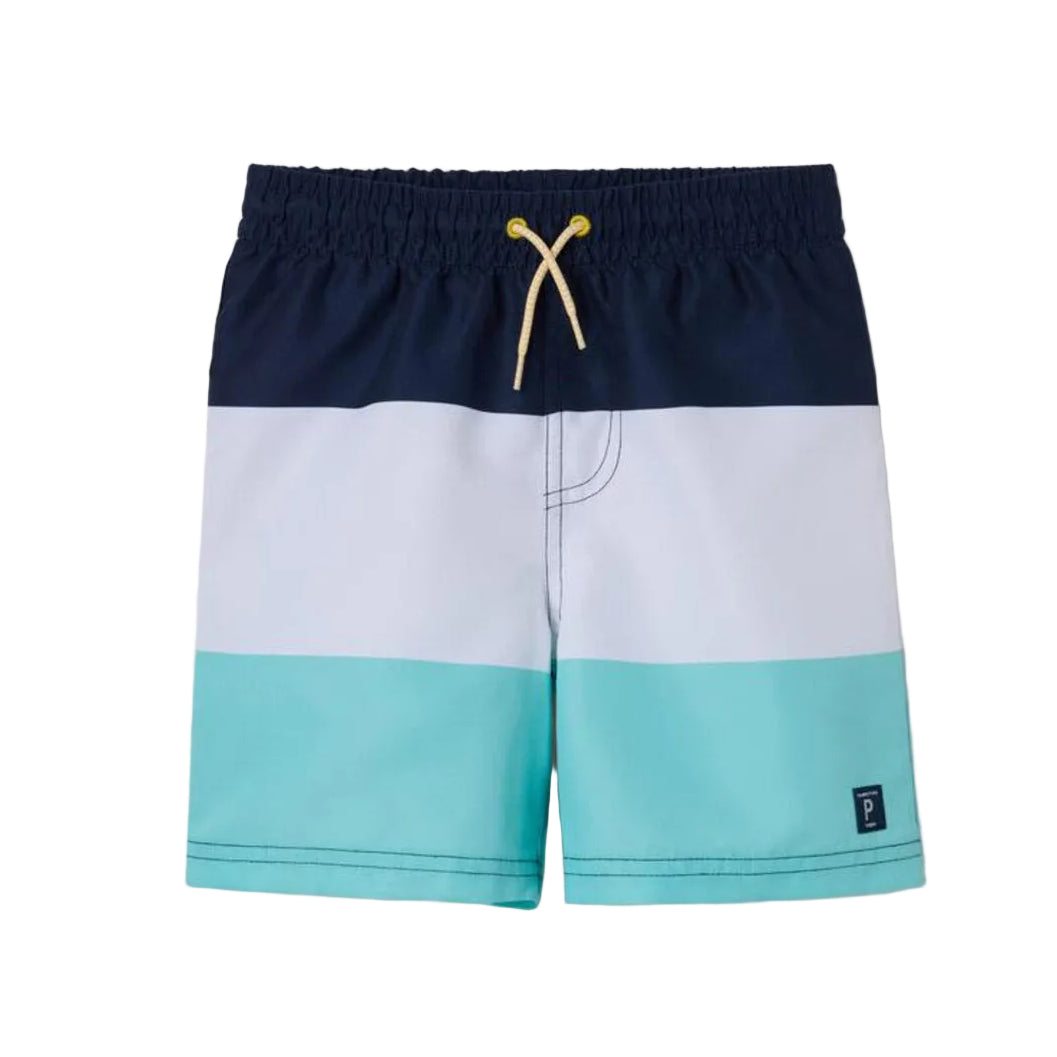 Kids Board Shorts - Block Stripe Print | Polarn O. Pyret | #color_dark-sapphire