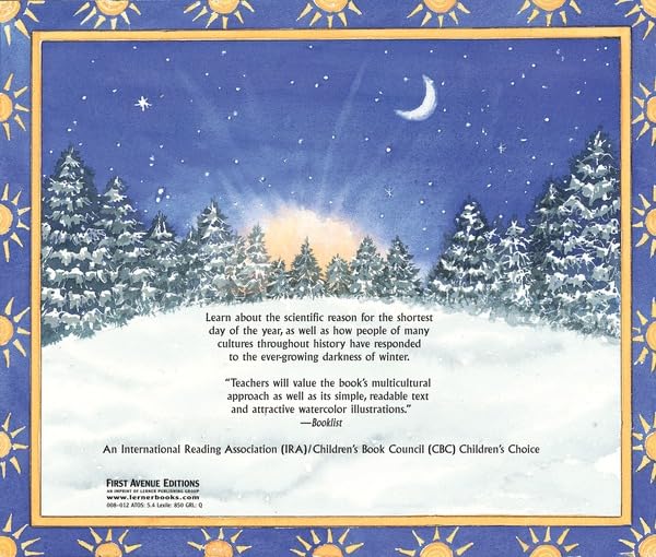 A book cover featuring a winter night landscape illustration with snow-covered pine trees under a crescent moon and stars, bordered by a decorative blue and gold frame. Text on the cover references the International Reading Association and Children's Book Council.