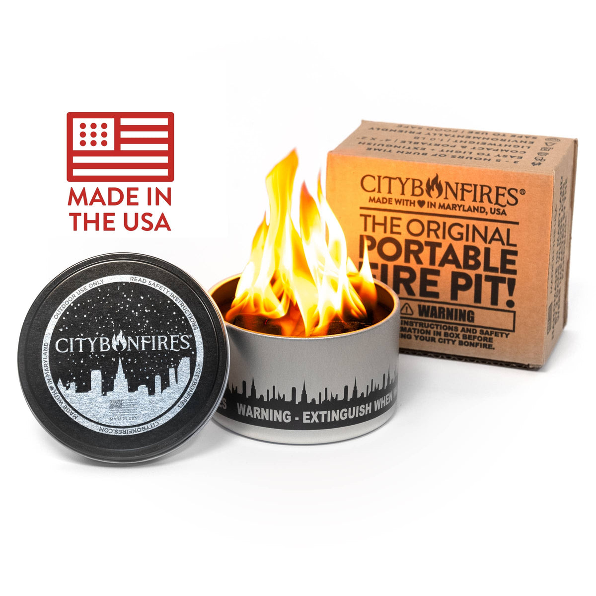 City Bonfires portable fire pit with flame, packaging, and 'Made in the USA' label on a white background.
