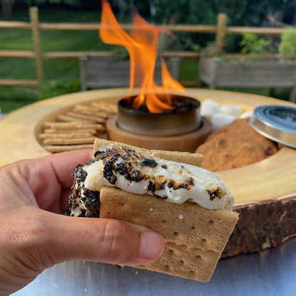 Hand holding a s'more with marshmallows over a campfire