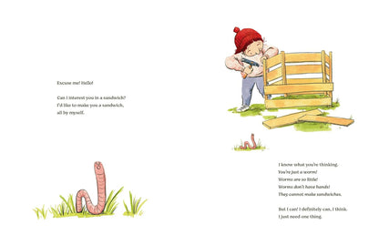 Illustration from a children's book with a boy, worm, and sandwich text.