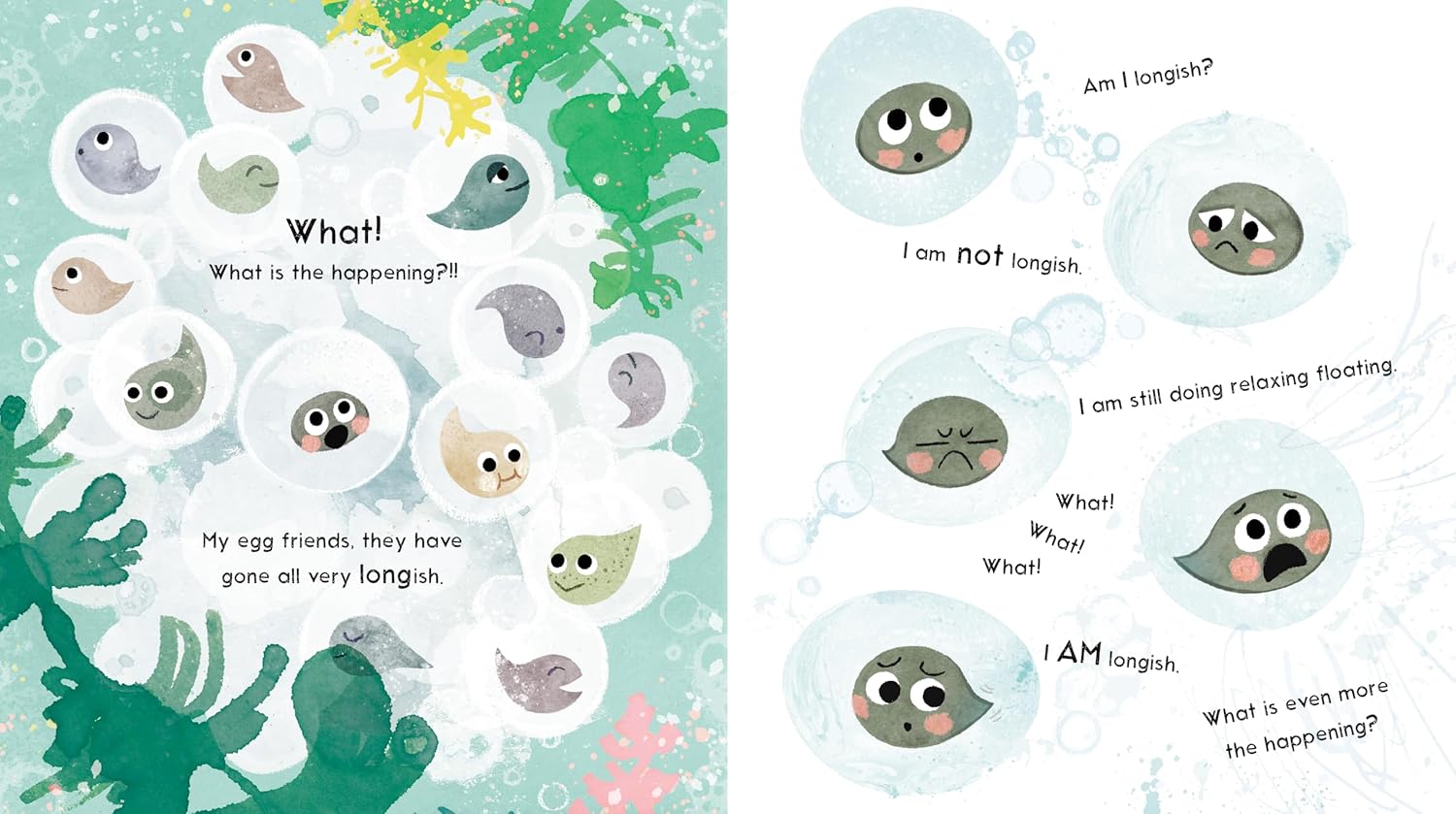 Illustrations of a fish character in a bubble with text, surrounded by underwater plants.