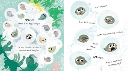 Illustrations of a fish character in a bubble with text, surrounded by underwater plants.