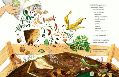 Illustration of composting process with various organic materials and a wooden compost bin.