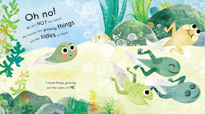 Illustrated book page with turtles and text about growing things on sides