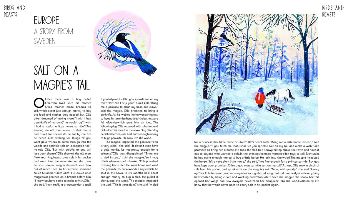 Illustrated book page with text and a winter scene of people and animals in a snowy landscape.