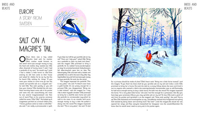 Illustrated book page with text and a winter scene of people and animals in a snowy landscape.