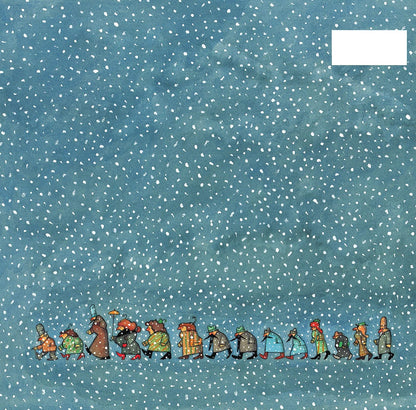 A whimsical winter illustration showing a long line of small, colorful characters walking through heavy snowfall against a textured blue background. A blank white square appears in the top-right corner.