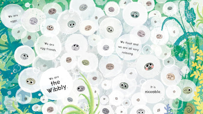 Illustrations of white round characters with text on a green and blue background