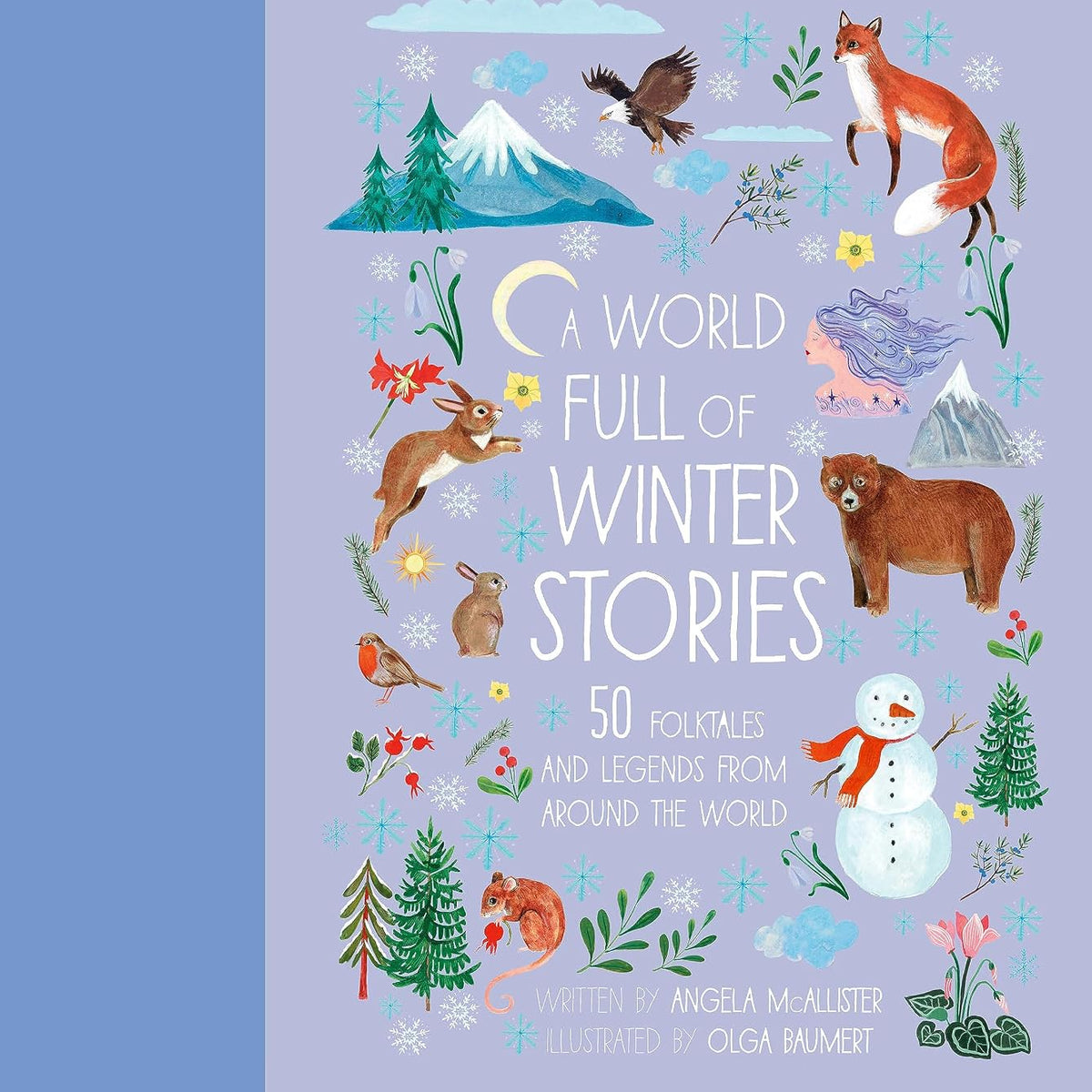 Book cover of 'A World Full of Winter Stories' with illustrations of animals and nature on a purple background.