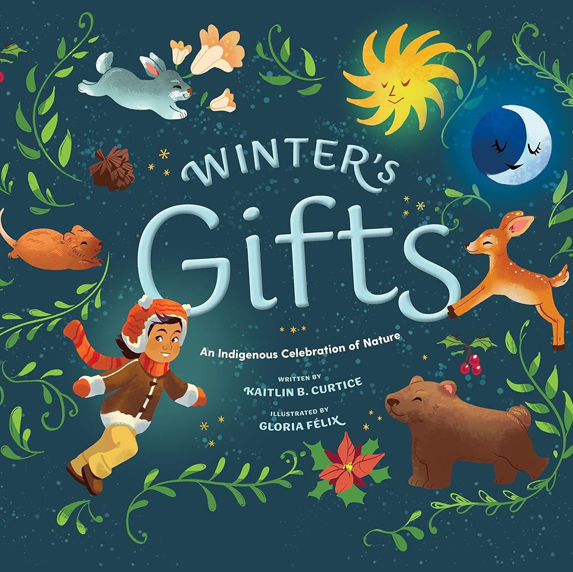 Book cover of 'Winter's Gifts' with illustrations of animals and nature elements on a dark blue background.