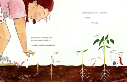 Illustration of a child planting a seed with stages of plant growth depicted below.