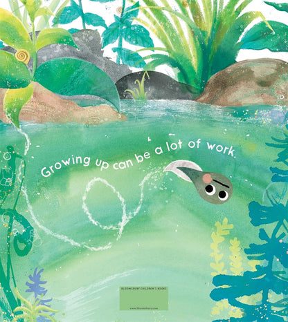 Illustrated book cover with a fish in a jungle setting and text 'Growing up can be a lot of work'.