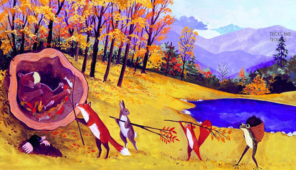 A colorful painted forest scene with autumn trees, mountains, a blue pond, and several anthropomorphic animals including foxes, a rabbit, a bird, and a bear in a log. The artwork fills the frame, so this is best classified as Scenery rather than Product/Packaging.